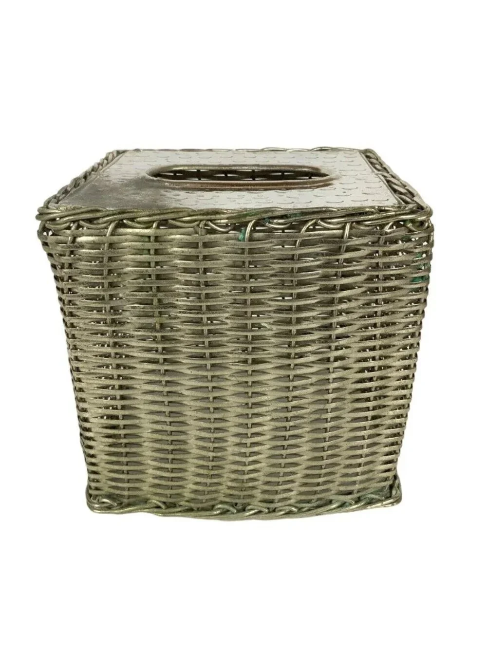 Square Silver Metal Basketweave Tissue Box Holder With Hammered Chrome Finish